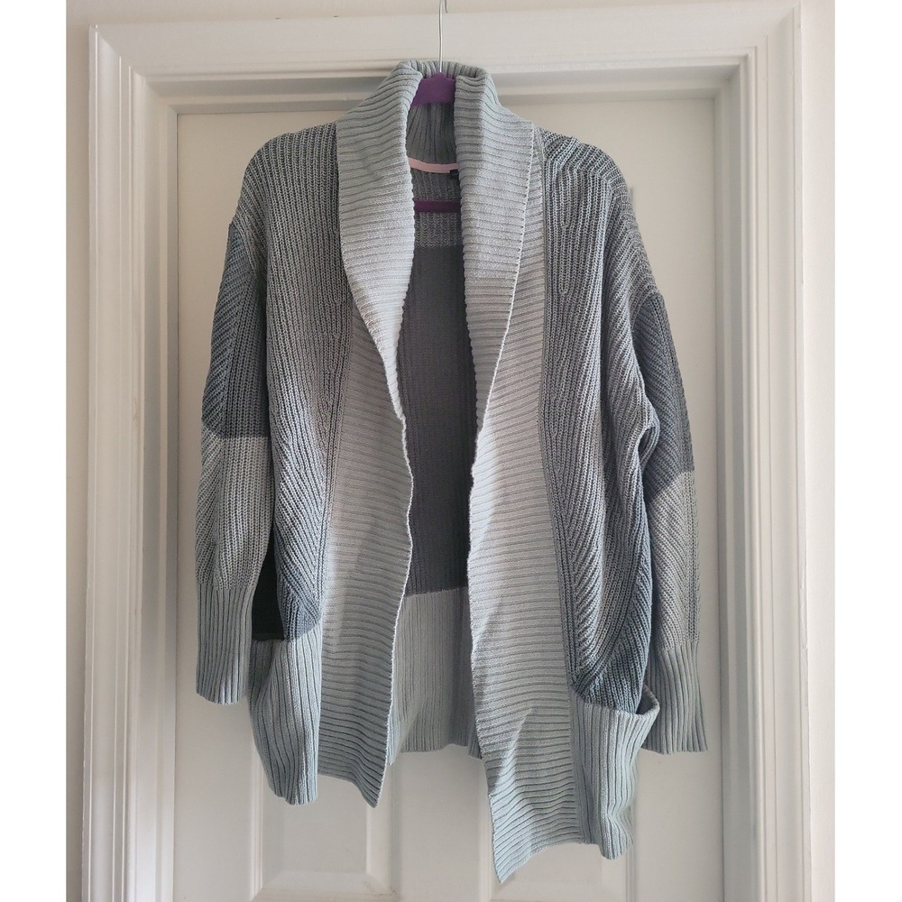 Isaac Mizrahi Live Womens Green Colorblock Ribbed Shawl Cardigan Sweater M